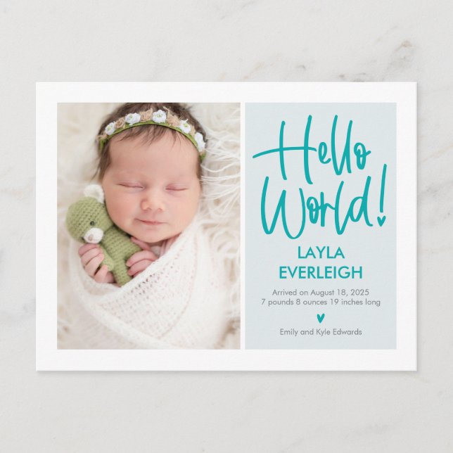 Hello World Editable Color Announcement Postcard (Front)