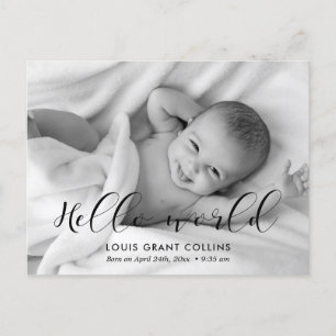 Hello world elegant photo birth announcement postcard