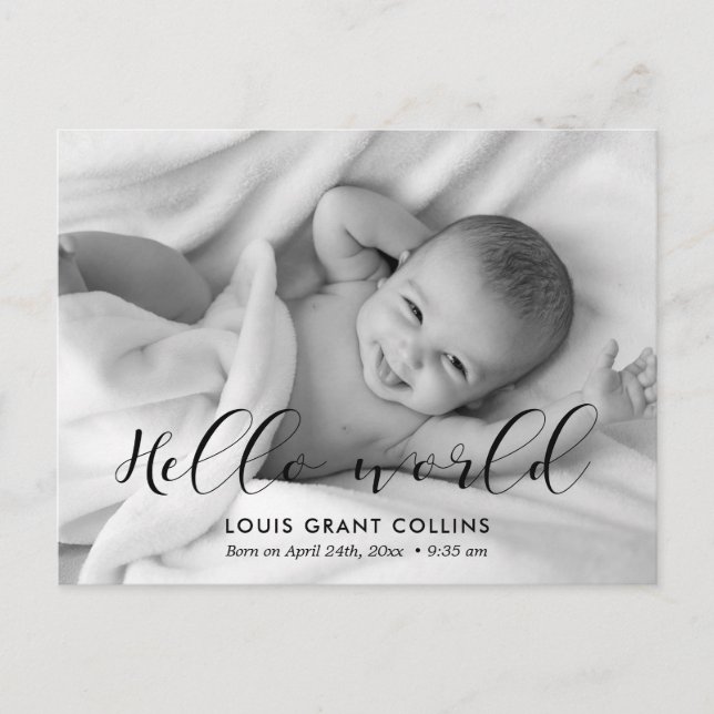 Hello world elegant photo birth announcement postcard (Front)