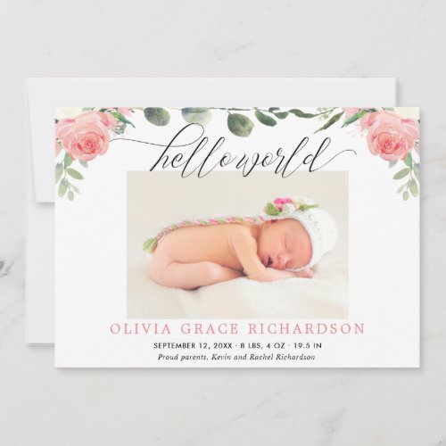 Hello world eucalyptus floral birth announcement