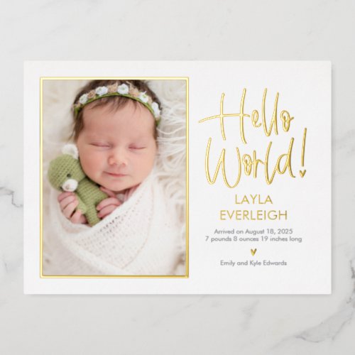 Hello World Foil Birth Announcement Postcard