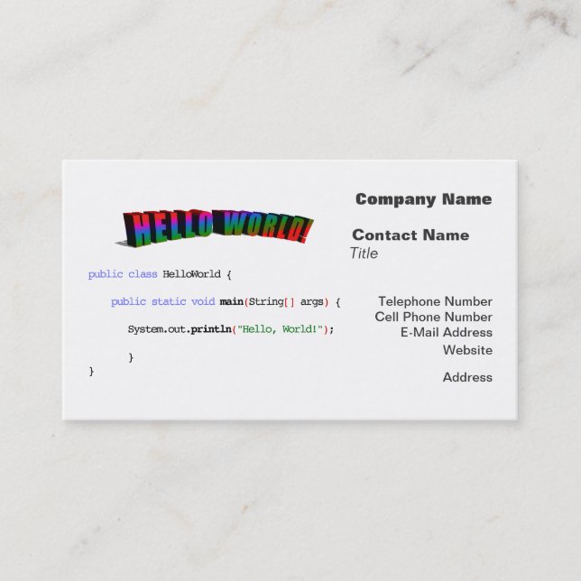 Hello World geek greeting Java Business Card (Front)