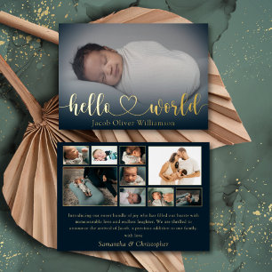 Hello World Gold  Photo Collage Baby Announcement