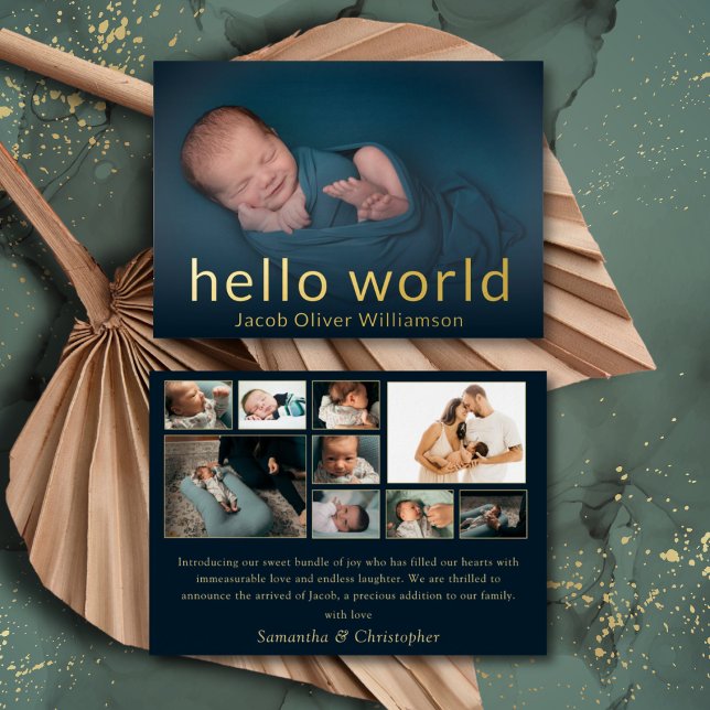 Hello World Gold  Photo Collage Baby Announcement (Creator Uploaded)