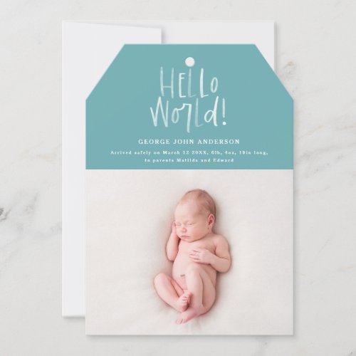 Hello world hand written modern photo birth announcement