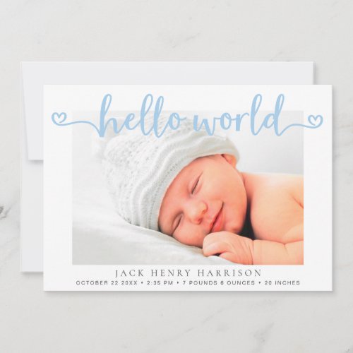 Hello World Hearts Photos Blue Baby Boy Birth Announcement