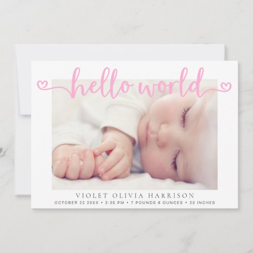 Hello World Hearts Photos Pink Baby Girl Birth Announcement