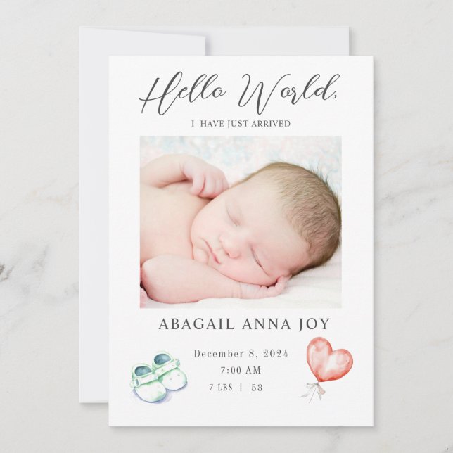 Hello World I Just Arrived Baby Announcement (Front)