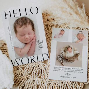 Hello World Modern Minimalist Baby Photo Birth Announcement