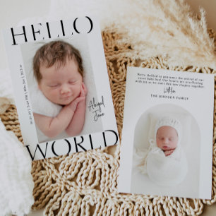 Hello World   Modern Minimalist Baby Photo Birth Announcement