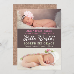Hello World! Modern Photo Twins Birth Announcement
