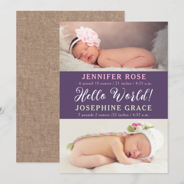 Hello World! Modern Photo Twins Birth Announcement (Front/Back)