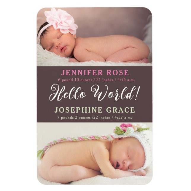Hello World! Modern Photo Twins Birth Announcement Magnet (Vertical)