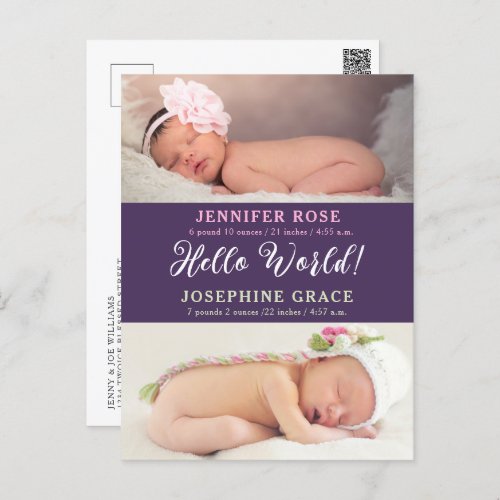 Hello World Modern Photo Twins Birth Announcement Postcard