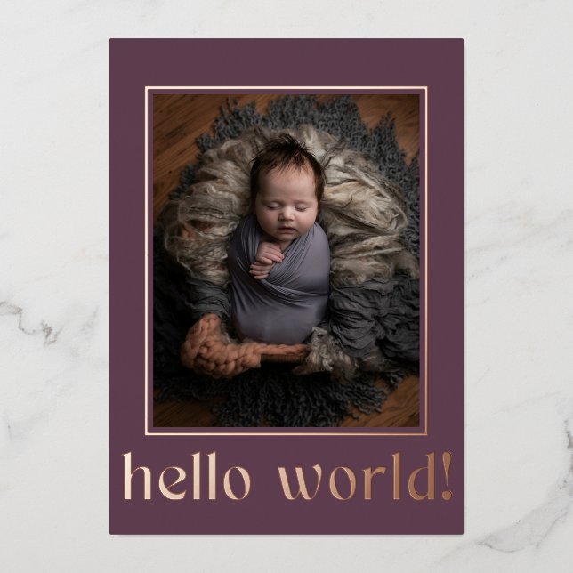 Hello World Modern Purple Photo Birth Announcement (Front)