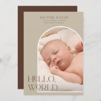 Hello World Neutral Arch Photo Birth Announcement