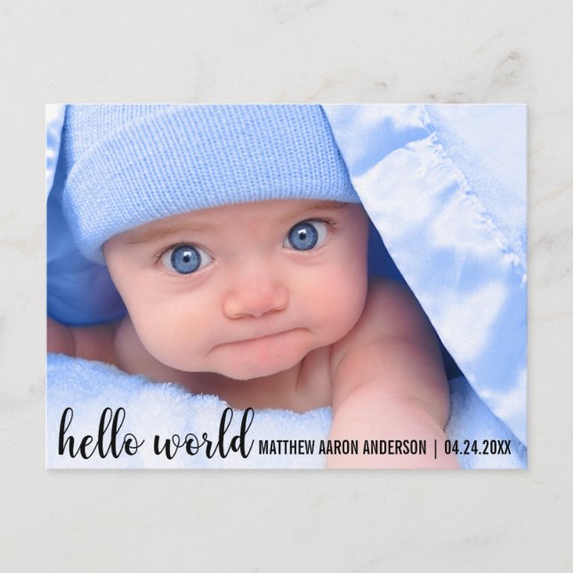 Hello World New Baby Modern Announcement Postcard (Front)
