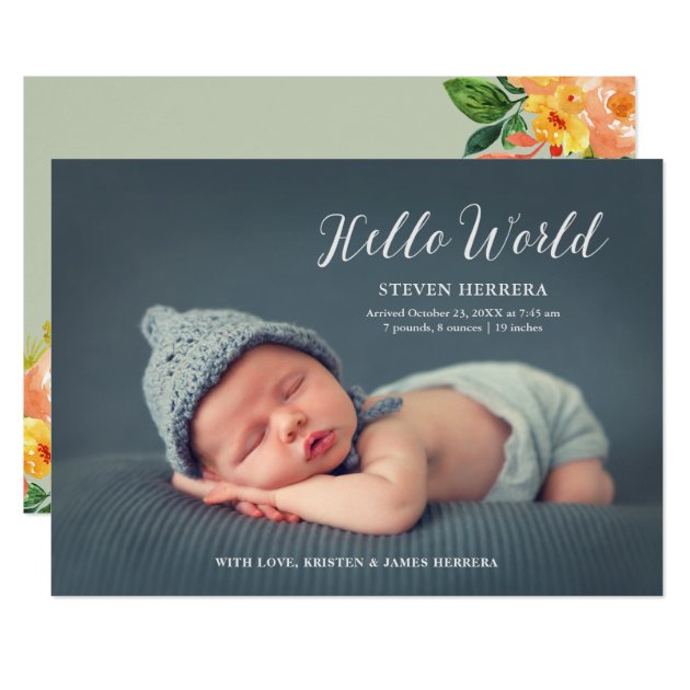 Hello World Overlay with Floral Decor Baby Birth Card (front side)