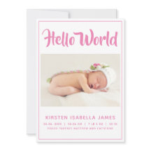 Hello World Photo Baby Announcement Pink