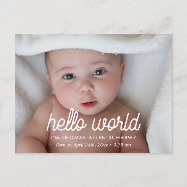 Hello world photo birth announcement postcard (Front)