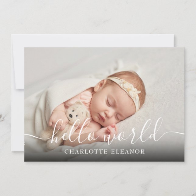 Hello World Photo Elegant Script Girl Birth Announcement (Front)