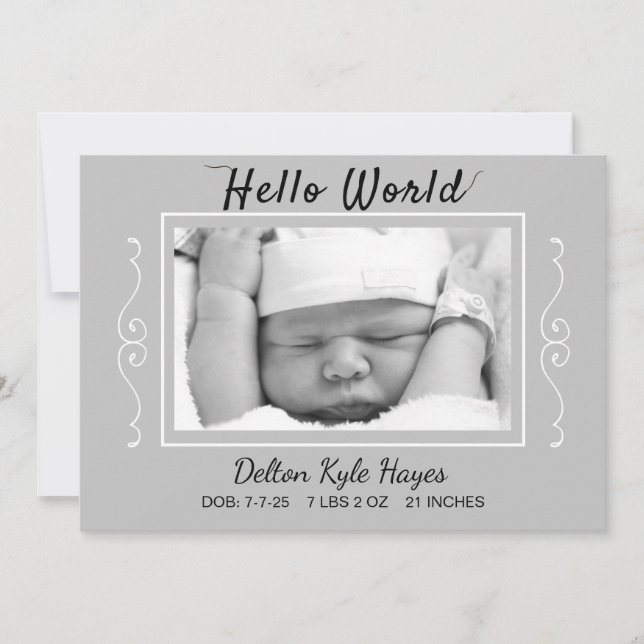 Hello World Photo Gray Baby Birth Announcement (Front)