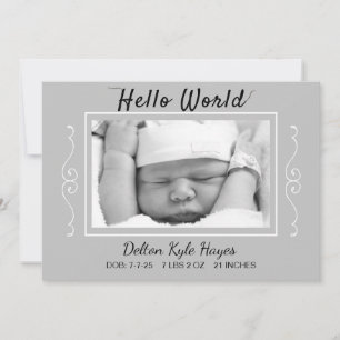 Hello World Photo Gray Baby Birth Announcement