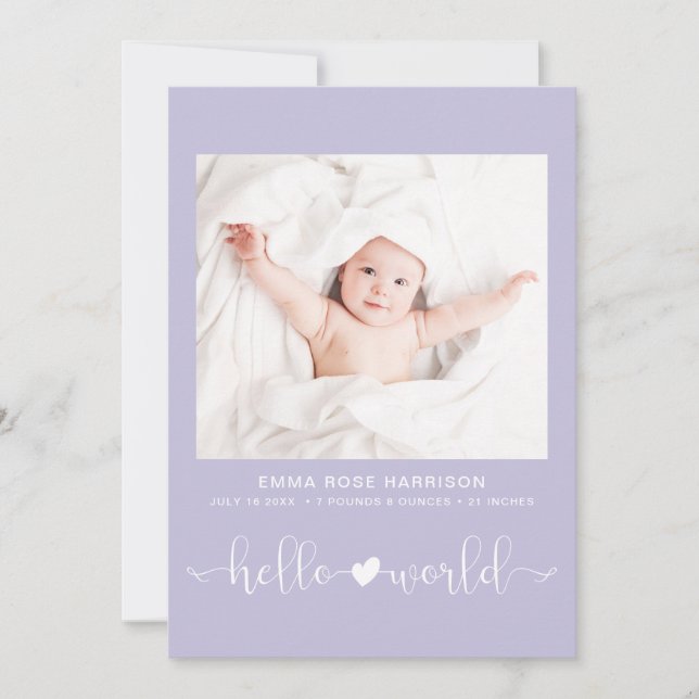 Hello World Photo Heart Arrow Purple Girl Birth Announcement (Front)