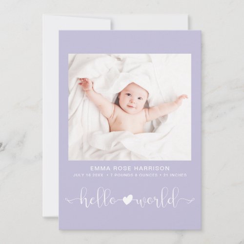 Hello World Photo Heart Arrow Purple Girl Birth Announcement