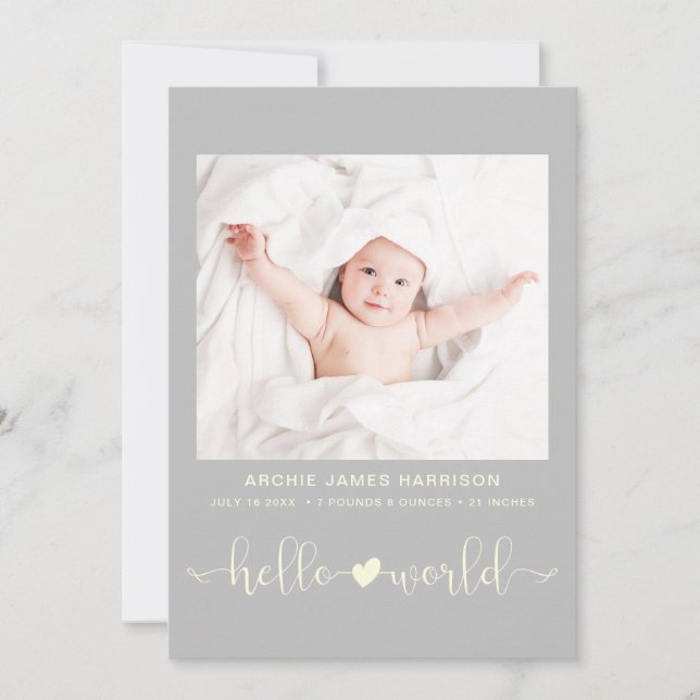 Hello World Photo Heart Arrow Yellow Grey Birth Announcement (Front)