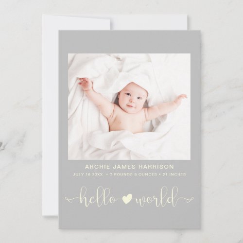 Hello World Photo Heart Arrow Yellow Grey Birth Announcement