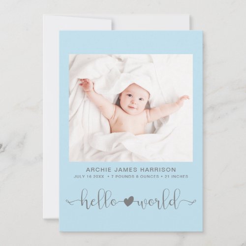 Hello World Photo Heart Blue Grey Baby Boy Birth Announcement