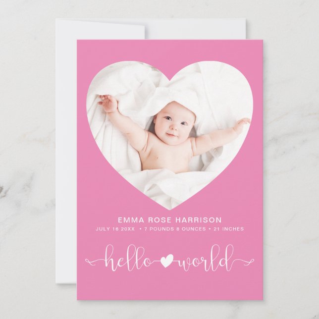 Hello World Photo Heart Frame Pink Girl Birth Announcement (Front)