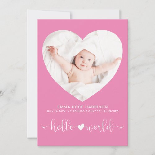 Hello World Photo Heart Frame Pink Girl Birth Announcement
