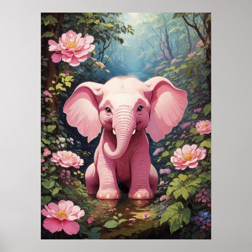 Hello World Pink Baby Elephant Poster