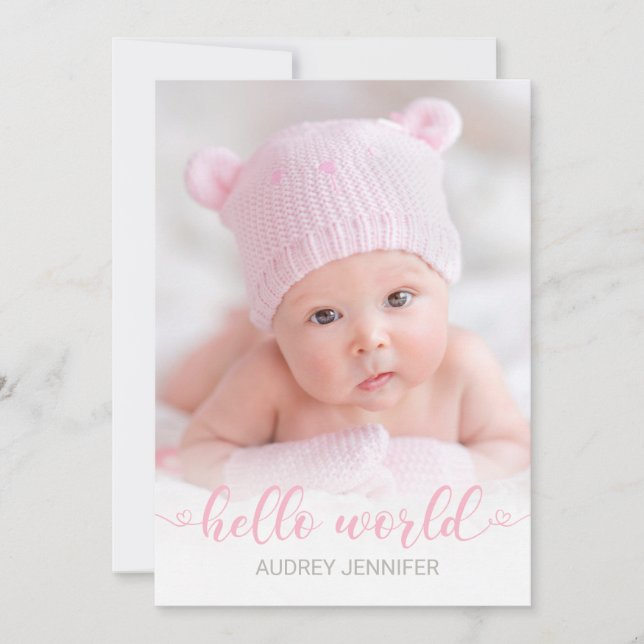 Hello World Pink Script Photo Baby Girl Birth Announcement (Front)