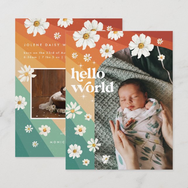 Hello World | Retro Boho Birth Announcement (Front/Back)