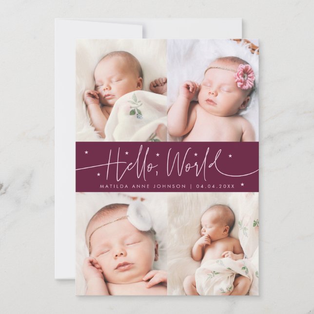 Hello World Script Cranberry Multi Photo Birth Announcement (Front)