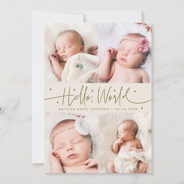 Hello World Script Cream Multi Photo Birth Announcement (Front)
