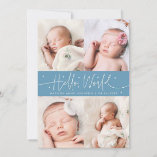 Hello World Script Denim Blue Multi Photo Birth Announcement