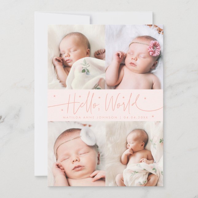 Hello World Script Peach Multi Photo Birth Announcement (Front)