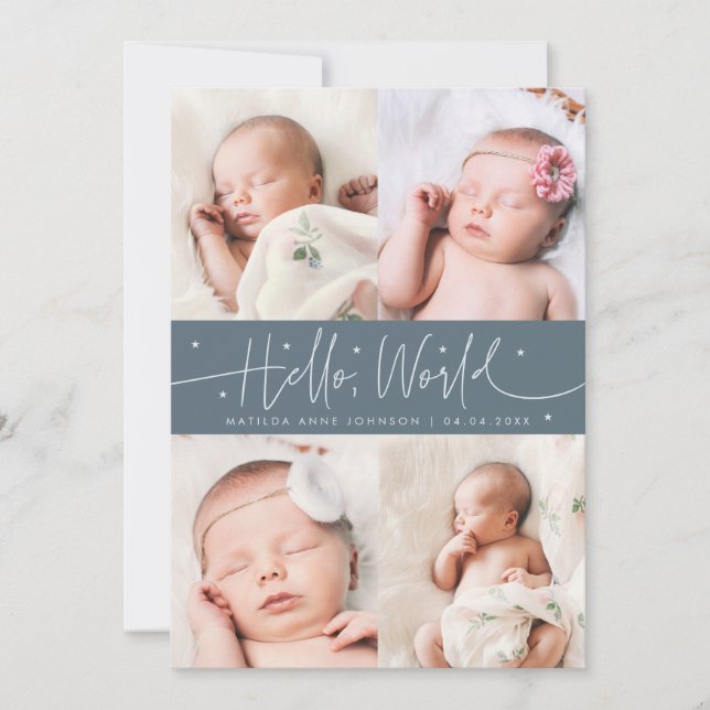 Hello World Script Slate Blue Multi Photo Birth Announcement (Front)