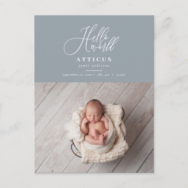 Hello world script text photo birth announcement (Front)