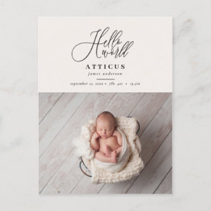 Hello world script text photo birth announcement