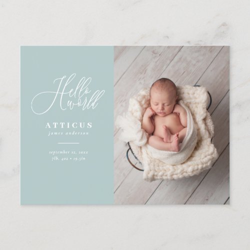 Hello world script text photo birth announcement