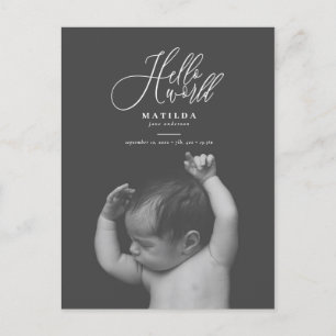 Hello world script text photo birth announcement