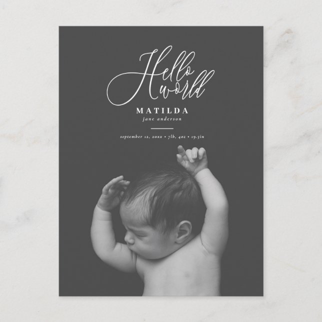 Hello world script text photo birth announcement (Front)
