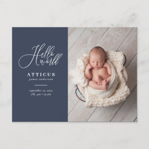 Hello world script text photo birth announcement