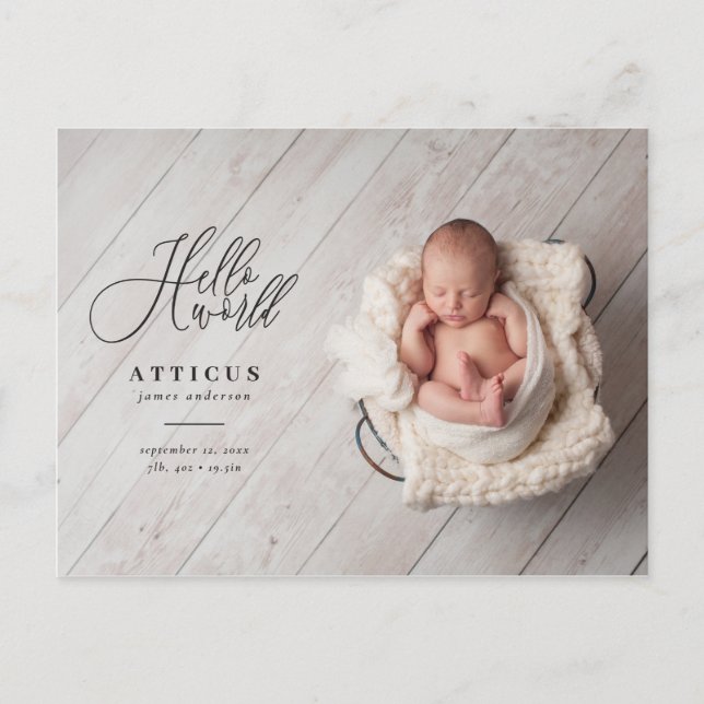 Hello world script text photo birth announcement (Front)