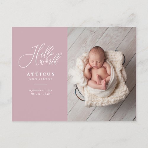 Hello world script text photo birth announcement